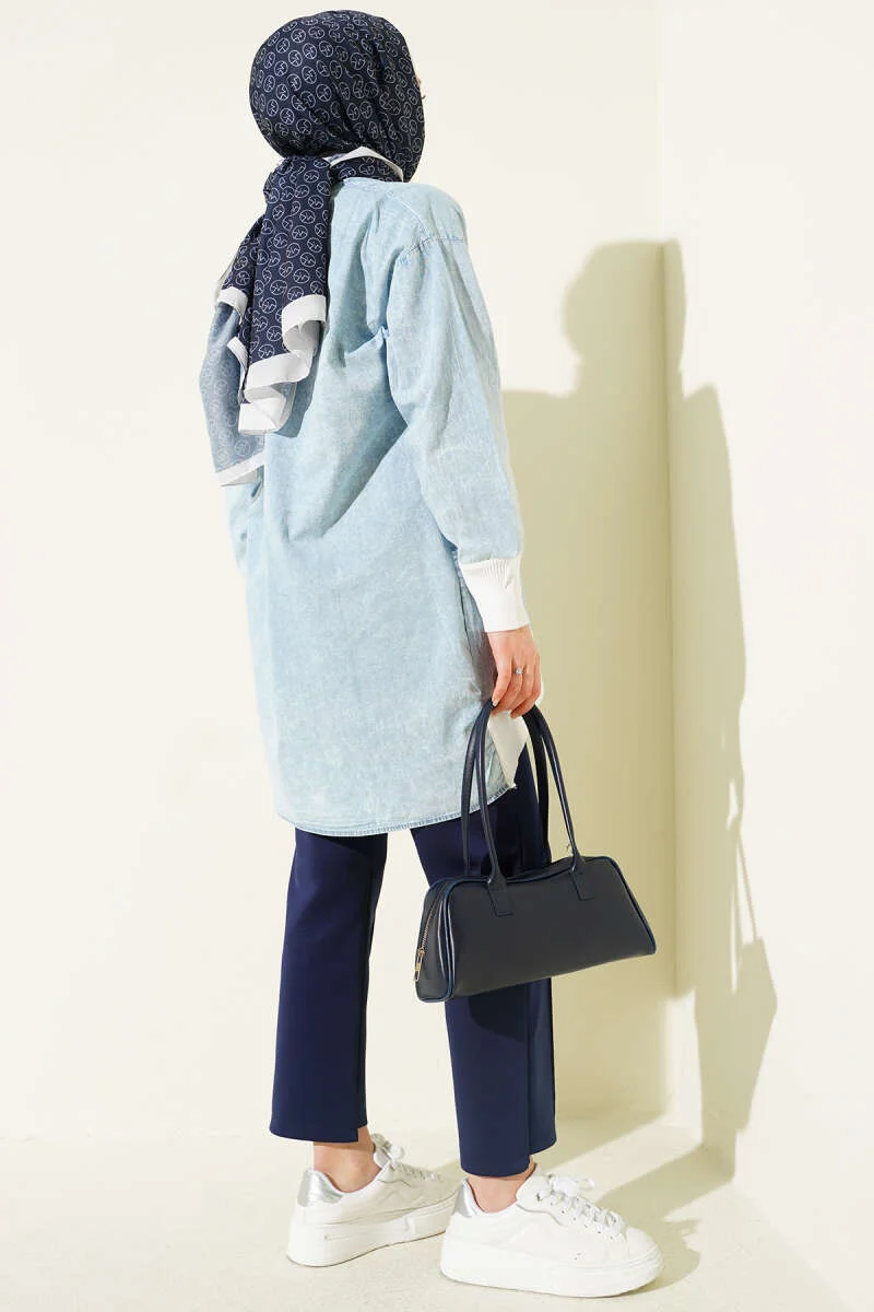Buttoned Denim Tunic with Ankle Ribbing - Image 3