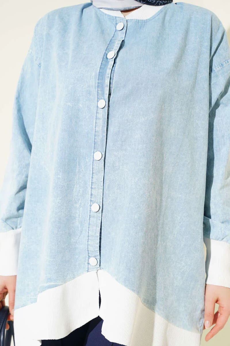 Buttoned Denim Tunic with Ankle Ribbing - Image 4