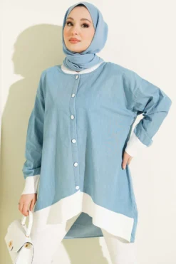 Buttoned Denim Tunic with Ankle Ribbing
