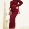 Ankle Tulle Laced Sequin Evening Dress Burgundy groothandel dress - Hicabistan Turkije fabriek
