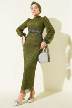 Ankle Tulle Laced Sequin Evening Dress Khaki en gros dress - Hicabistan usine Turquie