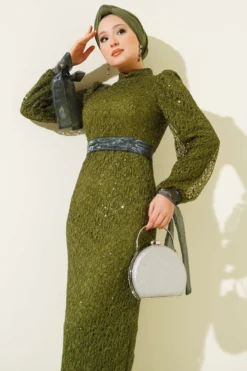 Ankle Tulle Laced Sequin Evening Dress Khaki en gros dress view 2 - Hicabistan usine Turquie