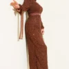 Ankle Tulle Laced Sequin Evening Dress Brown Großhandel dress - Hicabistan Türkei Fabrik