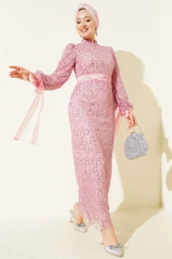 Ankle Tulle Laced Sequin Evening Dress Pink en gros dress - Hicabistan usine Turquie