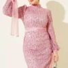 Ankle Tulle Laced Sequin Evening Dress Pink wholesale dress view 2 - Hicabistan Turkey factory