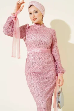 Ankle Tulle Laced Sequin Evening Dress Pink en gros dress view 2 - Hicabistan usine Turquie