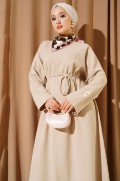 Crew Neck Patch Belted Dress Beige wholesale dress view 2 - Hicabistan Turkey factory