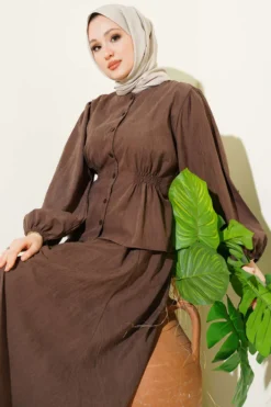 Crew Neck Waist Elastic Set Brown