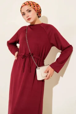 Belted A-Line Dress Burgundy wholesale dress view 2 - Hicabistan Turkey factory