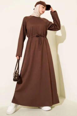 Belted A-Line Dress Brown wholesale dress view 2 - Hicabistan Turkey factory