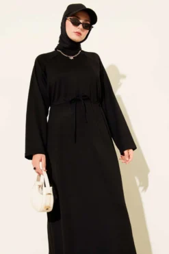 Belted A-Line Dress Black wholesale dress view 2 - Hicabistan Turkey factory
