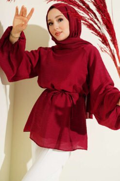 Crew Neck Drawstring Tunic Burgundy