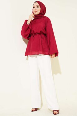 منظر بديل لـ Crew Neck Drawstring Tunic Burgundy