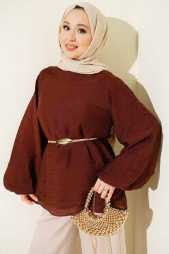 Crew Neck Drawstring Tunic Brown
