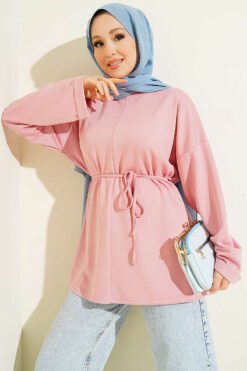 Bicycle Neck Tunic with Tie Belt Powder Pink