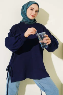 Crew Neck Side Tie Tunic Navy Blue