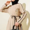 Dress with Floral Accessory and Piping Detail Beige wholesale dress view 2 - Hicabistan Turkey factory