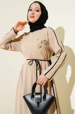 Dress with Floral Accessory and Piping Detail Beige wholesale dress view 2 - Hicabistan Turkey factory