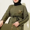 Dress with Floral Accessory and Piping Detail Khaki wholesale dress view 2 - Hicabistan Turkey factory