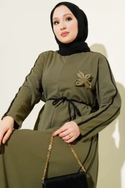 Dress with Floral Accessory and Piping Detail Khaki wholesale dress view 2 - Hicabistan Turkey factory