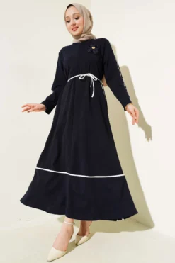 Dress with Floral Accessory and Piping Detail Navy Blue