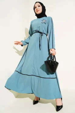 Dress with Floral Accessory and Piping Detail Blue