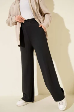 Wide Leg High Waist Elastic Pants Anthracite