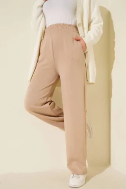 Wide Leg High Waist Elastic Pants Beige