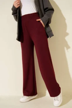 Wide Leg High Waist Elastic Pants Burgundy