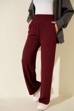 Alternative view of Wide Leg High Waist Elastic Pants Burgundy