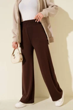 Wide Leg High Waist Elastic Pants Brown