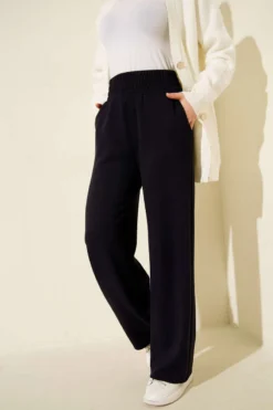 Wide Leg High Waist Elastic Pants Navy Blue