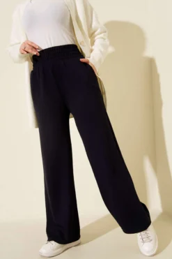 Alternative view of Wide Leg High Waist Elastic Pants Navy Blue