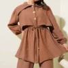 Bolero Detailed Bel Tulle Two-Piece Set Brown al por mayor clothing set view 2 - Hicabistan fábrica Turquía