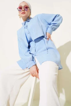 Bolero Detailed Tie Belt Tencel Shirt Blue