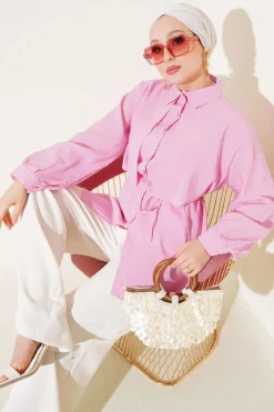 Bolero Detailed Tie Belt Tencel Shirt Pink