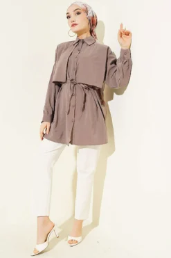 Alternative Ansicht von Bolero Detailed Tie Belt Tencel Shirt Mink