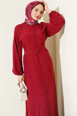 Buttoned Belted Dress Burgundy all'ingrosso dress view 2 - Hicabistan fabbrica Turchia