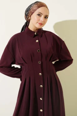 Button-Up Waist Tie Dress Burgundy all'ingrosso dress view 2 - Hicabistan fabbrica Turchia
