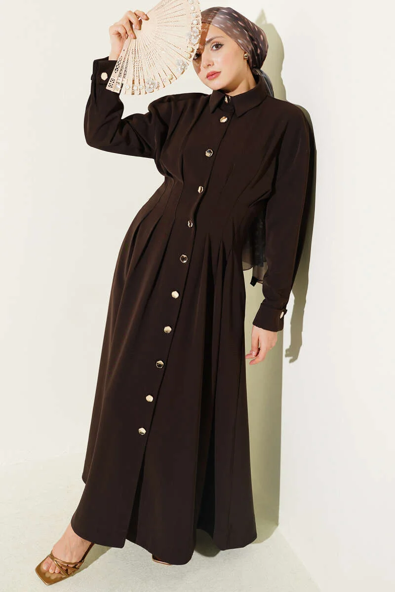 Button-Up Waist Tie Dress Brown en gros dress - Hicabistan usine Turquie