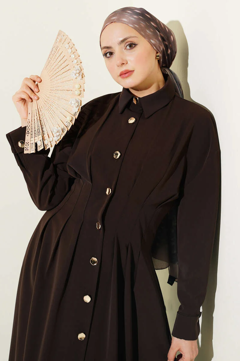 Button-Up Waist Tie Dress Brown en gros dress view 2 - Hicabistan usine Turquie