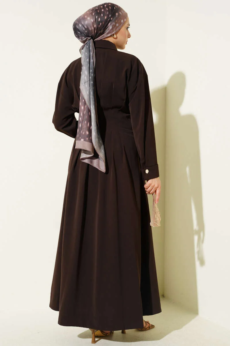 Button-Up Waist Tie Dress Brown en gros dress view 3 - Hicabistan usine Turquie