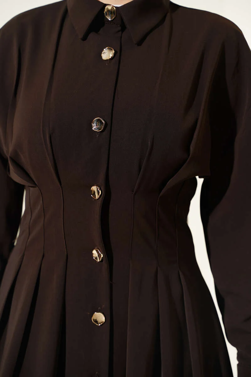 Button-Up Waist Tie Dress Brown en gros dress view 4 - Hicabistan usine Turquie