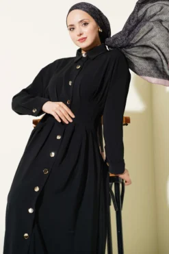 Button-Up Waist Tie Dress Black all'ingrosso dress view 2 - Hicabistan fabbrica Turchia