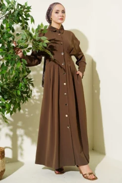 Button-Up Waist Tie Dress Mink all'ingrosso dress view 2 - Hicabistan fabbrica Turchia