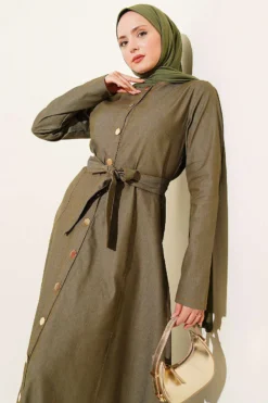 Buttoned Belted Denim Dress Khaki all'ingrosso dress view 2 - Hicabistan fabbrica Turchia