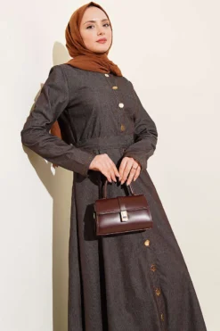 Buttoned Belted Denim Dress Brown all'ingrosso dress view 2 - Hicabistan fabbrica Turchia