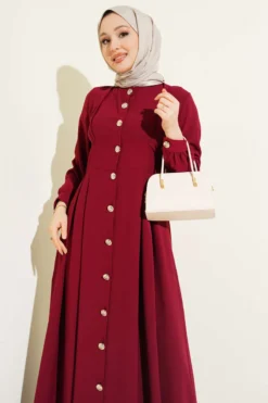 Buttoned Waist Dress Burgundy all'ingrosso dress view 2 - Hicabistan fabbrica Turchia