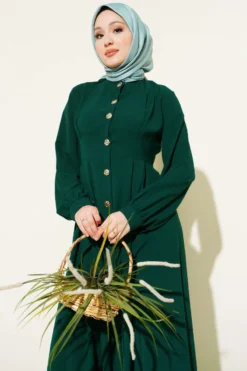 Buttoned Waist Dress Emerald all'ingrosso dress view 2 - Hicabistan fabbrica Turchia