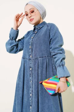 Button-Up Pleated Denim Dress wholesale dress view 2 - Hicabistan Turkey factory